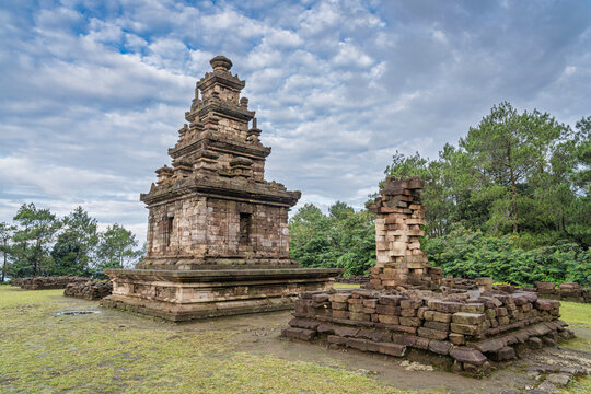 Scenic morning landscape view of ancient hindu Gedong Songo V temple, Bandungan, Semarang, Java, Indonesia