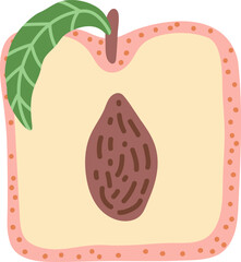 Artistic hand drawn illustration of square peach with leaf. Vector drawing of half of sweet fruit with seed and pulp isolated on white background. Drawing of summer vegan dessert for your printing.