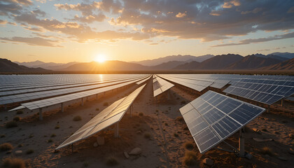 Vast Solar Farm at Sunset: Renewable Energy and Sustainable Power Generation in Desert Landscape