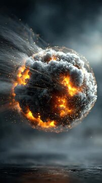 An explosive celestial body colliding through dark, ominous clouds of smoke and fire.