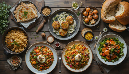 Delicious Mediterranean Cuisine Flatlay Featuring Diverse Dishes Pasta Salad Bread