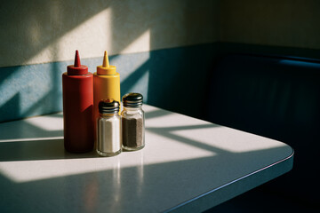 Classic diner condiments: ketchup, mustard, salt, and pepper shakers on a sunlit table. Strong window light creates dramatic shadows. Nostalgic, quiet mood.