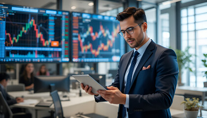 Focused businessman reviews financial data on tablet in modern office setting with stock market charts displayed on large screens.