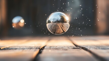 Chrome sphere levitating over wooden floor with reflection and glow in futuristic visual scene