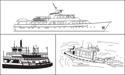 Obraz premium Collection of Diverse Boat Types: Luxury Yacht, Classic Steamboat, and Fast Patrol Boat Outlines