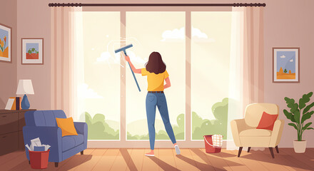 Window cleaning in living room illustration