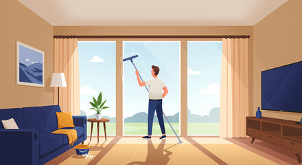 Man cleaning window in living room