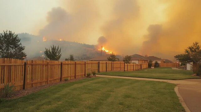 Intense aerial close-up of suburban backyard fences, fire smoke visibly approaching hill, smoke rooftops, fire glow flickering in distance, tension high detail textures on fences grass, burning edge