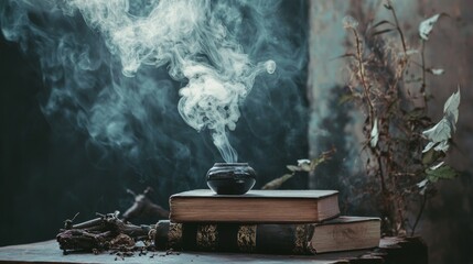 Old books with steaming mug and incense in spiritual reading setup with smoke and warm light scene