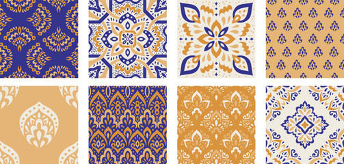 Collection of Moroccan style seamless pattern. Creative mediterranean interior design. Ethnic ornament swatch set. Azulejos tiles vector illustration. Modern Spanish talavera.