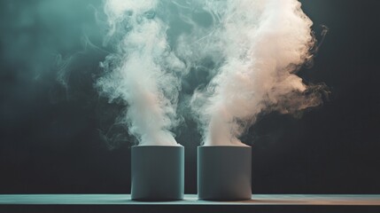 Two steaming cups on blue background in dramatic light with fog in cozy morning coffee scene
