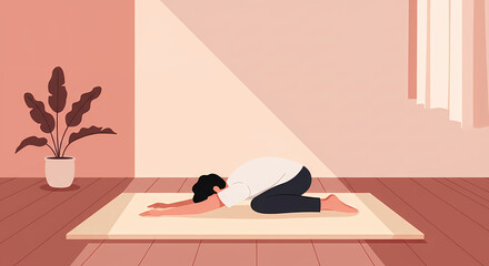 Woman in Child's Pose on Yoga Mat in Room