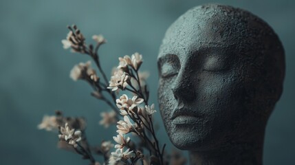 Sculpture head with flower branch on gray background in symbolic tranquil minimal spiritual art scene