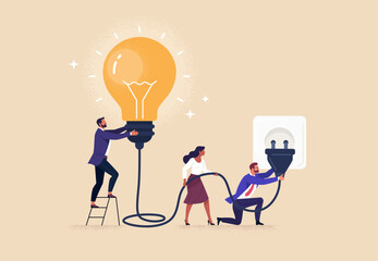 Plakat Business Connection Concept. Vector cartoon flat illustration of a group of diverse people successfully connecting a light bulb to an electrical outlet. Isolated on background.