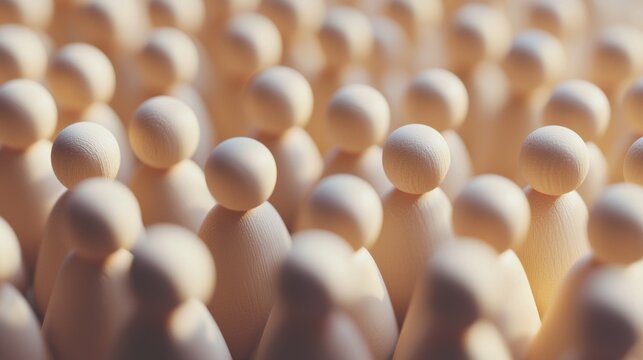 Wooden figures arranged in crowd formation with shallow depth and focus on group identity unity concept scene