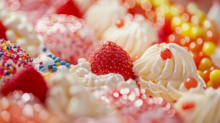 Colorful cupcakes with sprinkles in dessert candy food photography party scene with vibrant sweet setup