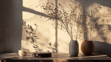 Vases with shadows on textured wall in sunlight in warm neutral toned interior design scene decor setup