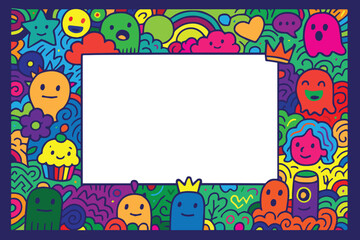 A colorful vector frame filled with funny doodle characters surrounds a clean white square center, creating a playful and vibrant border design.


