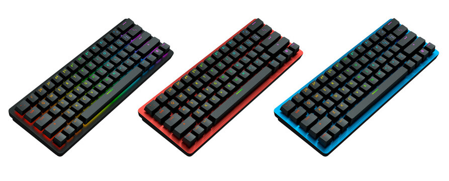 Collection of mechanical keyboards isolated on white background with clipping path. 3D rendering of streaming gear and gamer workspace concept