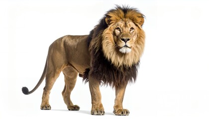 Obraz premium Majestic male lion stands proudly against a clean white background, showcasing its impressive mane and powerful physique in a studio environment