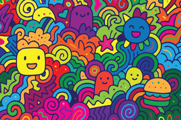 A colorful vector background filled with funny doodles creates a lively, energetic atmosphere perfect for playful designs and cheerful digital art.

