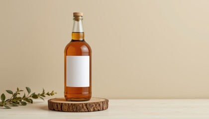 Elegant Amber Glass Bottle on Natural Wooden Stand with Olive Branch