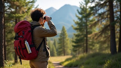 Hiker with Red Backpack Using Binoculars in Sunlit Pine Forest

