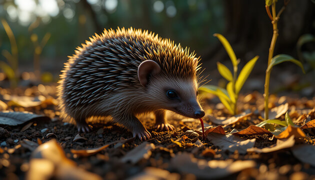 Madagascar lesser tenrec feeds in fallen leaves at dusk, alert posture, paws clinging to the ground, thorns and fur are visible. The concept of environmental protection, red book animals