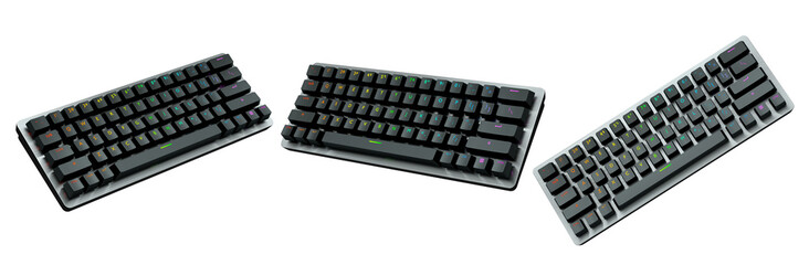 Collection of mechanical keyboards isolated on white background with clipping path. 3D rendering of streaming gear and gamer workspace concept