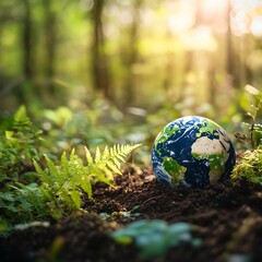 Earth model nestled in forest floor.