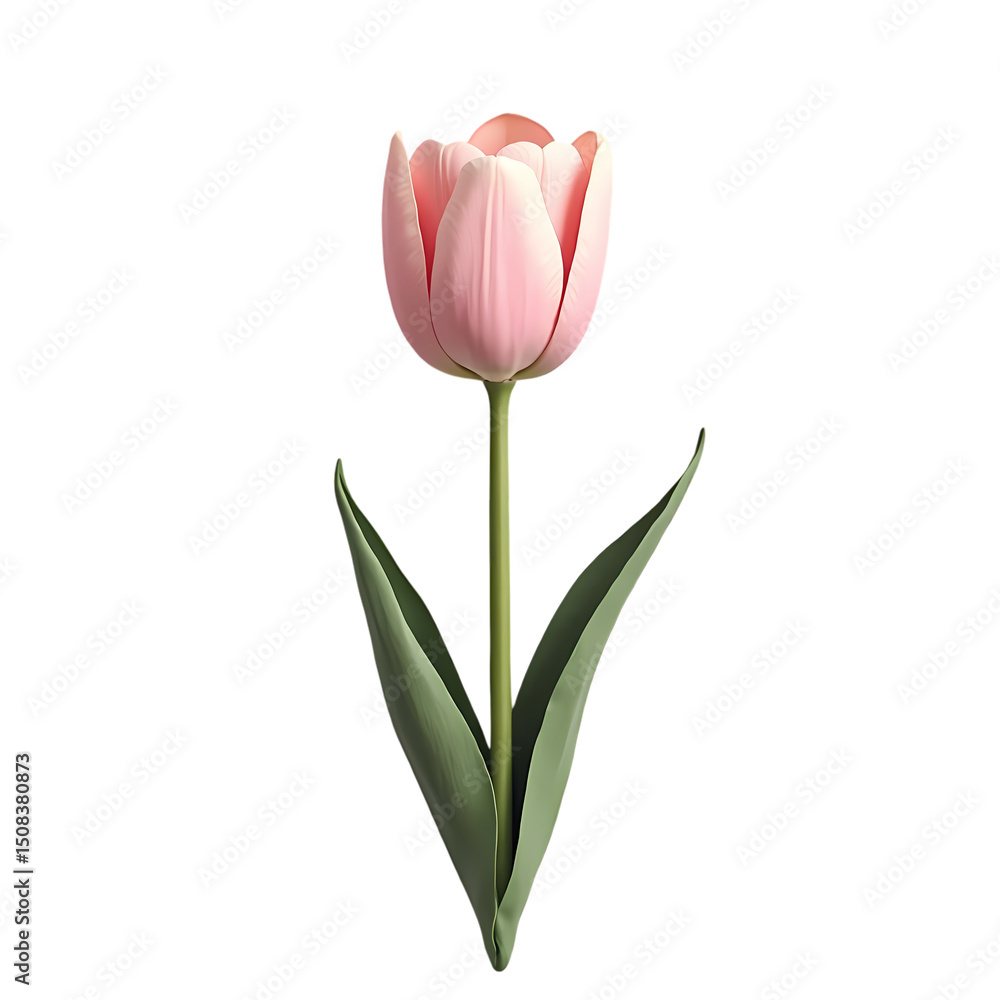 Poster a single pink tulip flower with green stem and leaves isolated against a black background view cente