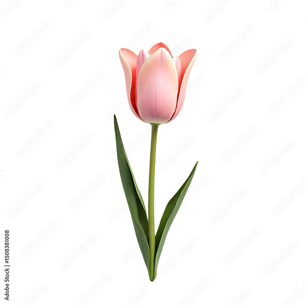 Poster a single pink tulip with green stem and leaves isolated on a black background in a vertical shot iso