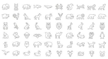 Line Art Icons of Various Animals Mammals Birds Fish and Reptiles © tere