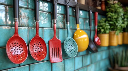Brightly colored cooking tools dangle below sunlit shelves, creating a cheerful ambience in a homey kitchen setting