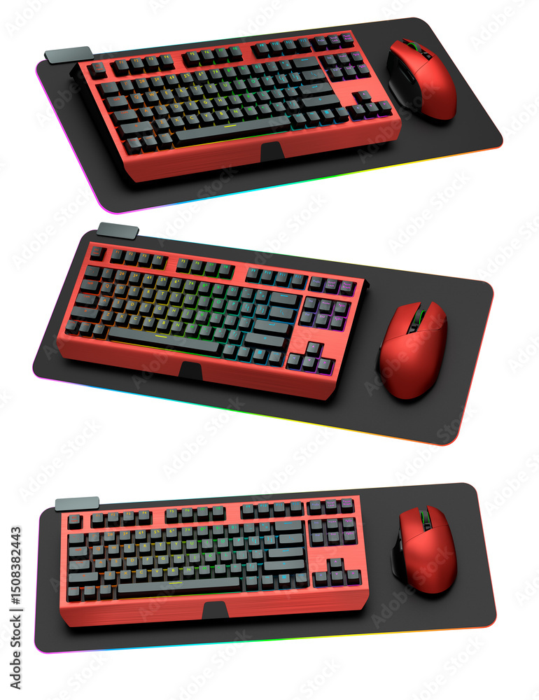 Poster collection of mechanical keyboards and mouse isolated on white background with clipping path. 3d ren