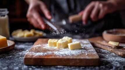 Baker slicing dough on wooden board with flour butter baking pastry preparation homemade rustic ingredients