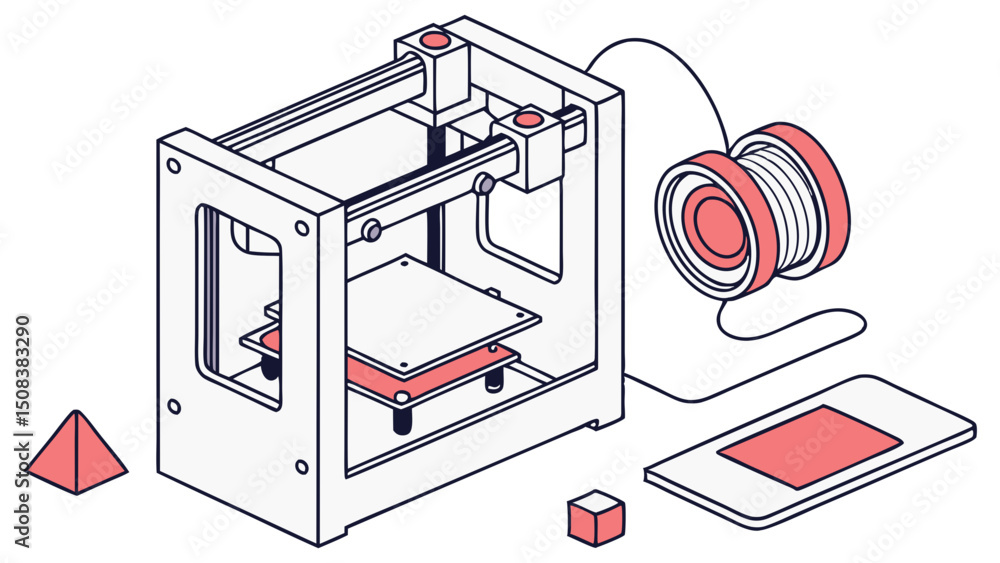 Aufkleber isometric view of a three d printer with filament spool and printed objects on a white background