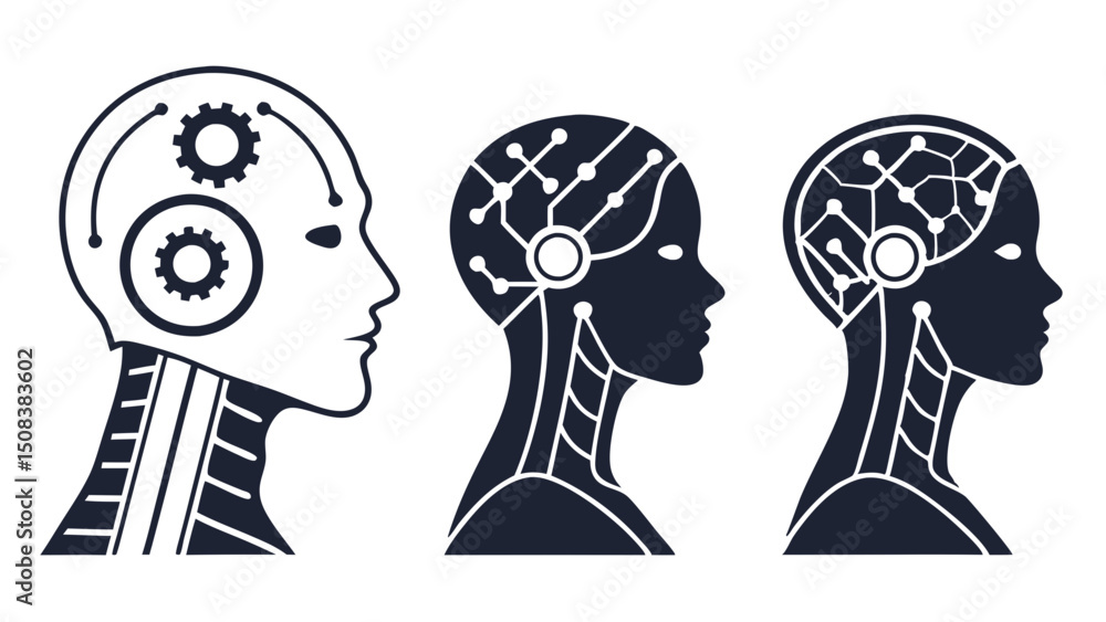 Poster three stylized robot head profiles showing evolution of mechanical and neural network designs side b