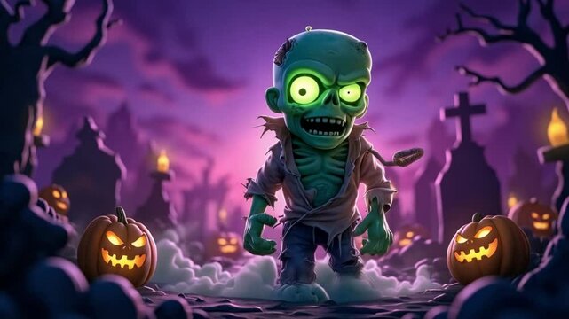 Cartoon zombie walking in a graveyard with pumpkins and tombstones under a purple sky at halloween night