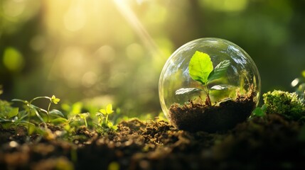 Glass sphere terrarium with small plant growing green sustainable future eco concept earth soil
