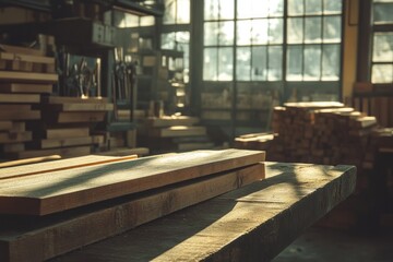 Sunlight Illuminates Wooden Boards in a Rustic Workshop