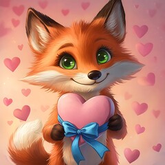 A cute fox holds a heart-shaped gift.