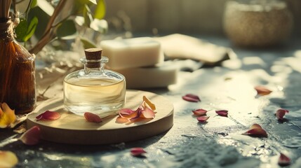 Fototapeta premium Spa candles rose petals massage oil wellness therapy calm relaxation romantic atmosphere soft lighting