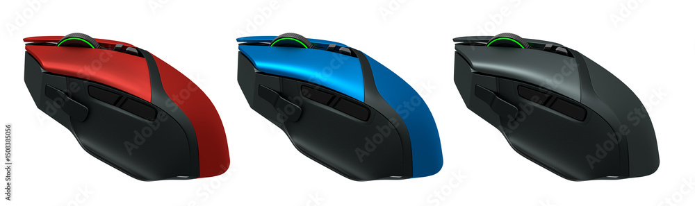 Poster set of wireless gaming computer mouse isolated on white background with clipping path. 3d render of 