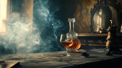 Old glassware with whiskey and smoke vintage ambiance warm tone classic drink nostalgic rustic