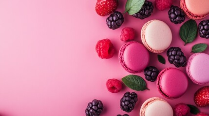 Colorful macarons and berries on pastel background sweet dessert candy french pastry fruit mix