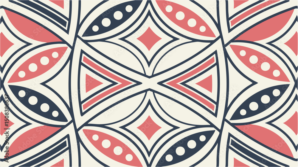 Poster geometric arrangement of stylized shapes with coral and navy color scheme in a repeating pattern