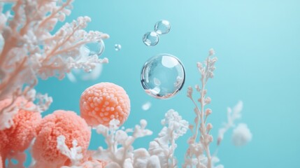 Surreal underwater coral bubble scene on pastel blue background dreamy oceanic calm peaceful nature