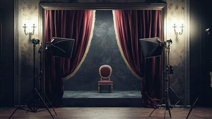Dark theatrical photography studio with red curtains dramatic spotlight vintage artistic production setup