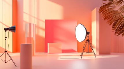 Modern photo studio setup with vibrant pink wall seamless background lights stand equipment stylish